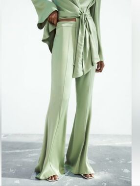 ZARA Sage Green Satin Wide Leg Pants | Flowing Minimalist Chic | NWT. Size Small